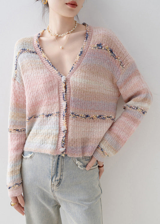 French Pink V Neck Patchwork Knit Short Coat Spring