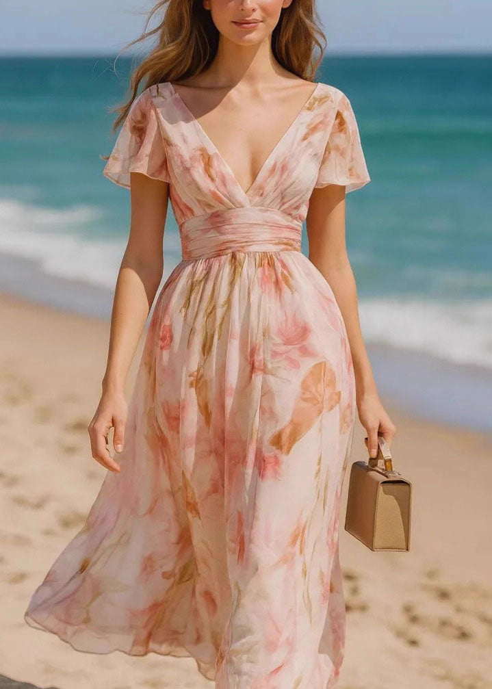 French Pink V Neck Print Chiffon Maxi Dresses Summer