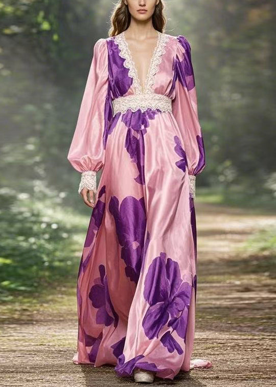 French Pink V Neck Print High Waist Silk Ankle Dress Spring