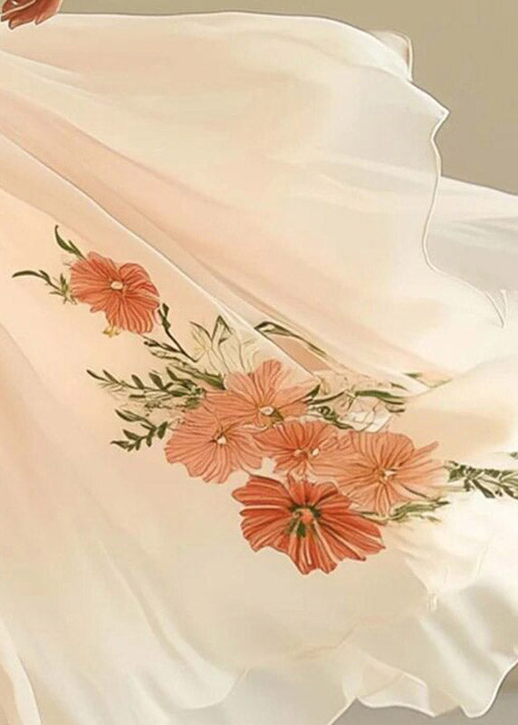 French Pink V Neck Print Patchwork Long Dresses Short Sleeve
