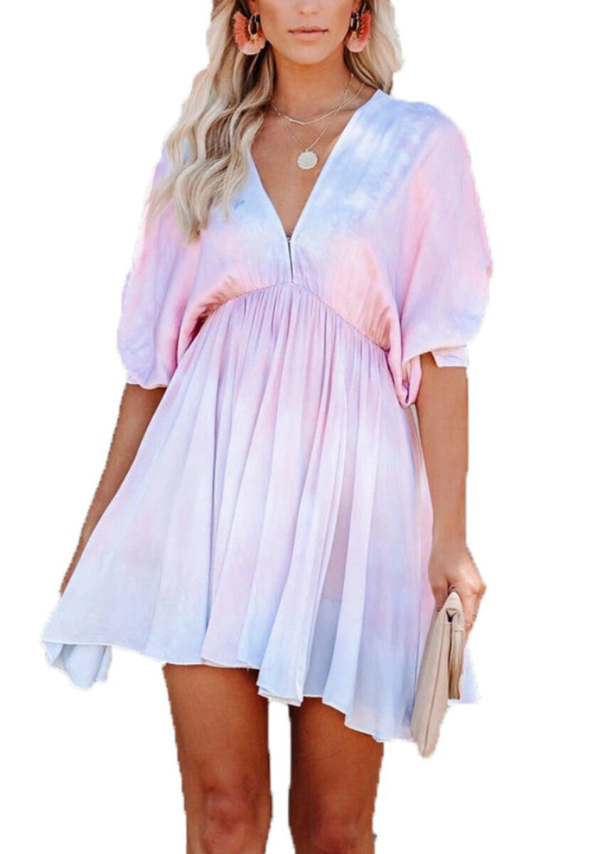 French Pink V Neck Tie Dye Cotton Mini Dresses Batwing Sleeve