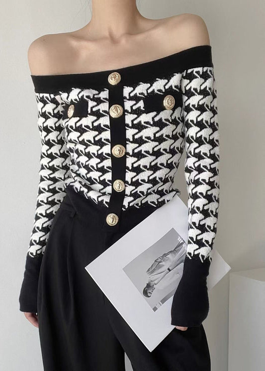 French Plaid Slash Neck Cold Shoulder Woolen Sweater Spring