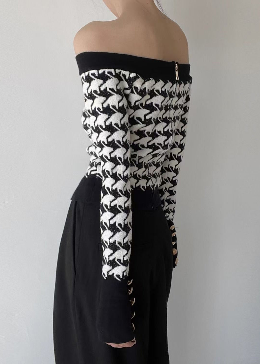 French Plaid Slash Neck Cold Shoulder Woolen Sweater Spring