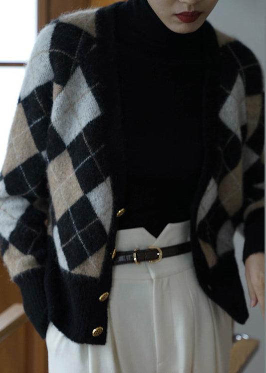 French Plaid V Neck Button Knit Coats Long Sleeve