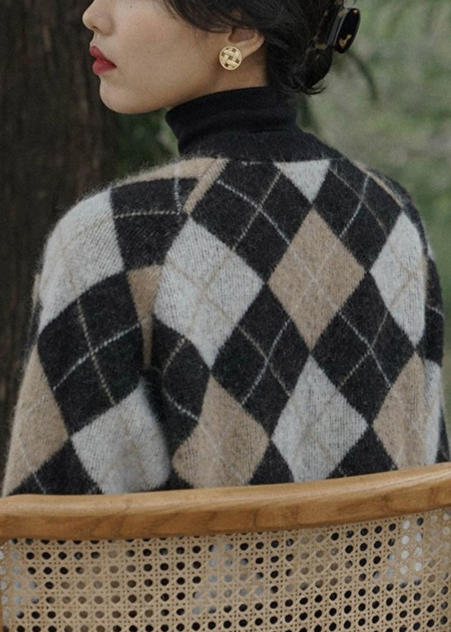 French Plaid V Neck Button Knit Coats Long Sleeve