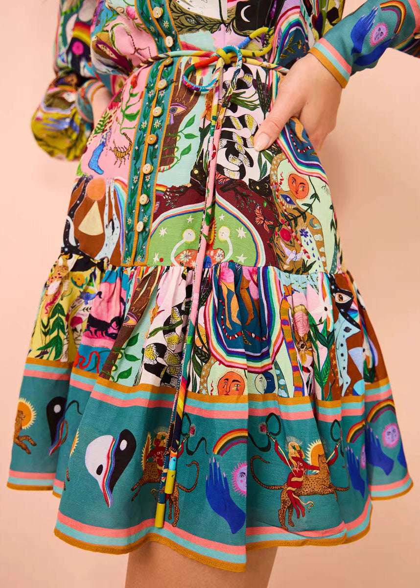 French Print Button Tie Waist Cotton Mid Dress Spring