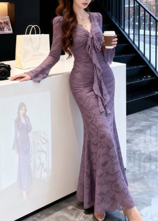 French Purple Bow Lace Slim Fit Maxi Dresses Spring