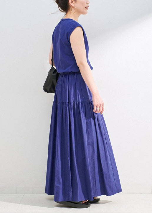 French Purple Cinched Patchwork Cotton Maxi Dress Sleeveless