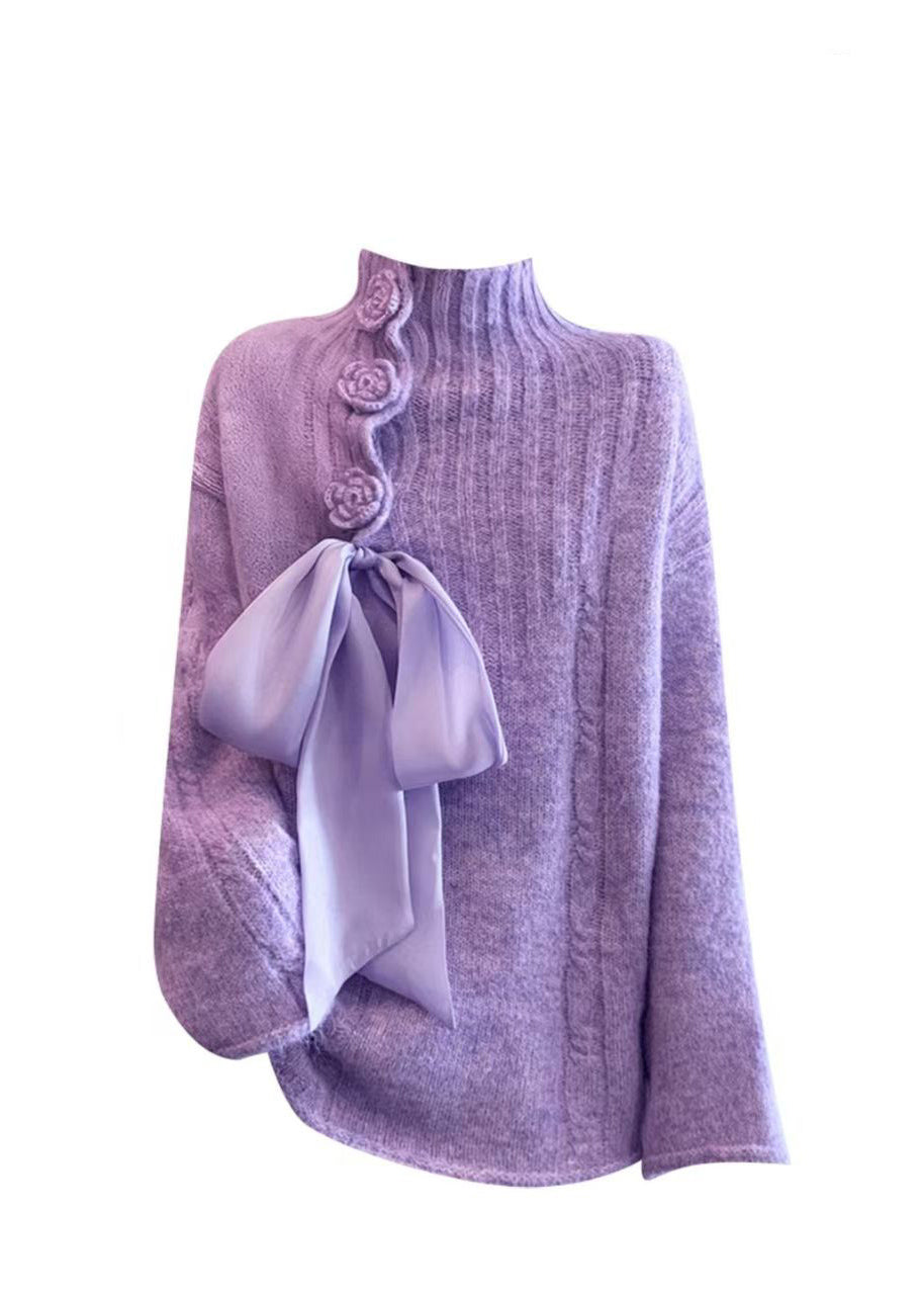 French Purple Hign Neck Floral Knit Sweaters Winter
