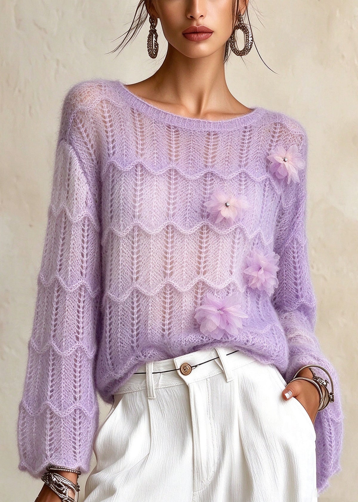French Purple O Neck Floral Knit Sweaters Fall