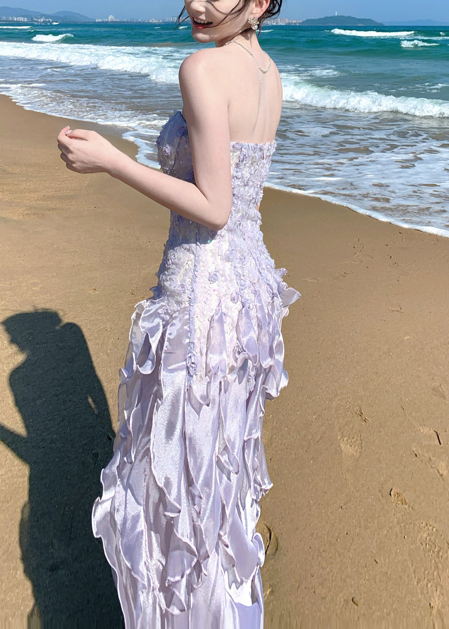 French Purple Ruffled Chiffon Strapless Dress Summer