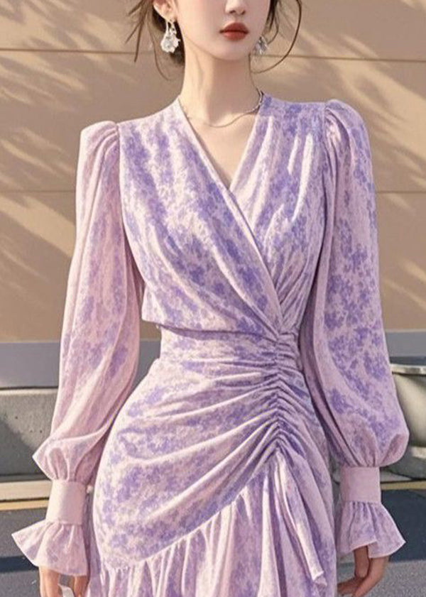 French Purple Ruffled Cinched Asymmetrical Chiffon Dress Fall