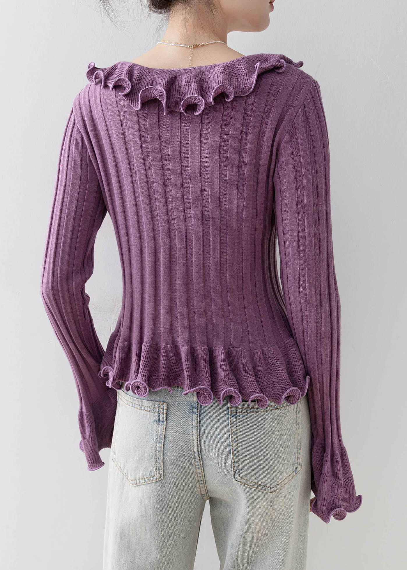 French Purple Ruffled Patchwork Knit Top Flare Sleeve
