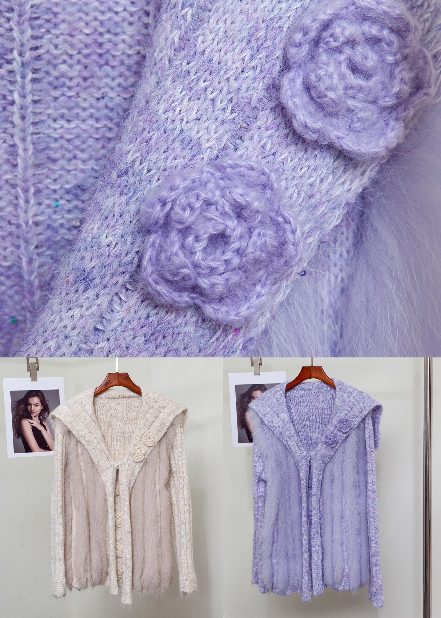 French Purple Sailor Collar Fox Fur Patchwork Knit Sweaters Winter