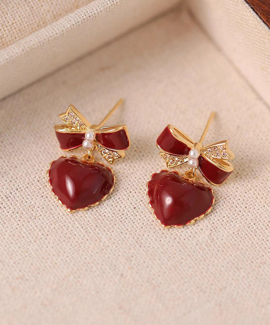 French Red Copper Alloy Zircon Bow Love Stud Earrings