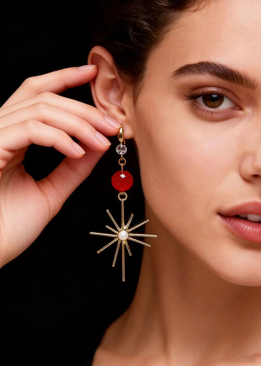 French Red Crystal Fireworks Shape Drop Earrings
