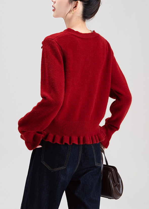 French Red O Neck Ruffled Bow Knit Cardigans Winter