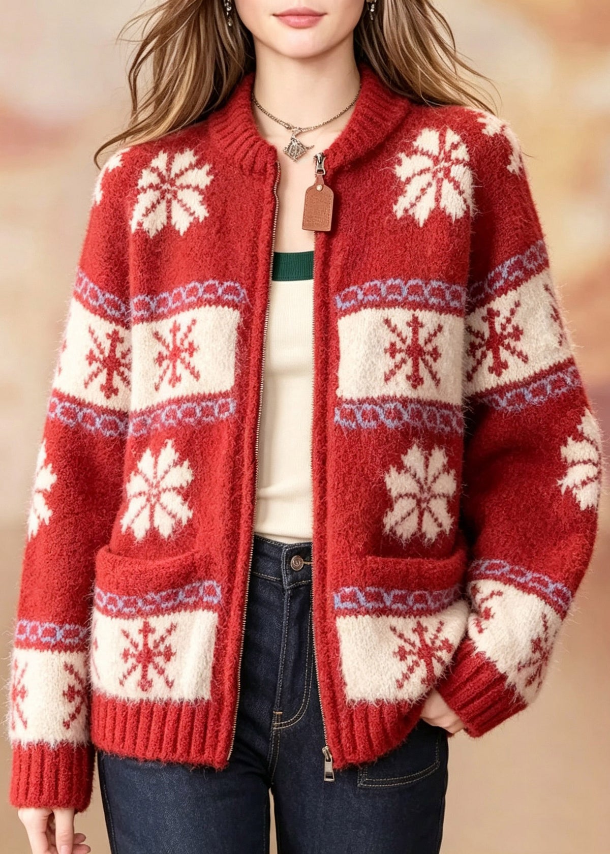 French Red O-Neck Zippered Patchwork Cotton Knit Cardigans Long Sleeve