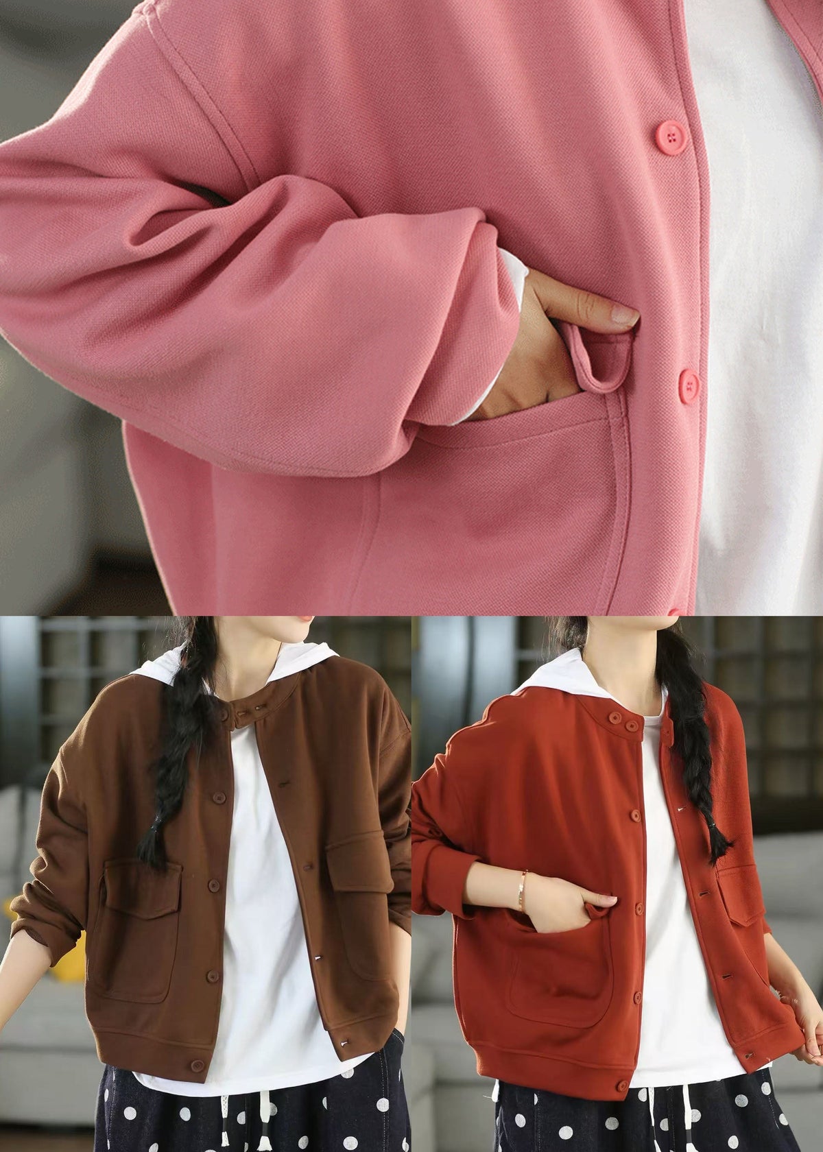 French Red Oversized Pockets Cotton Coat Fall