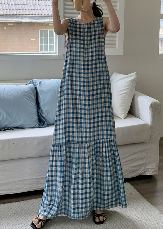 French Red Plaid Wrinkled Cotton Maxi Dress Sleeveless