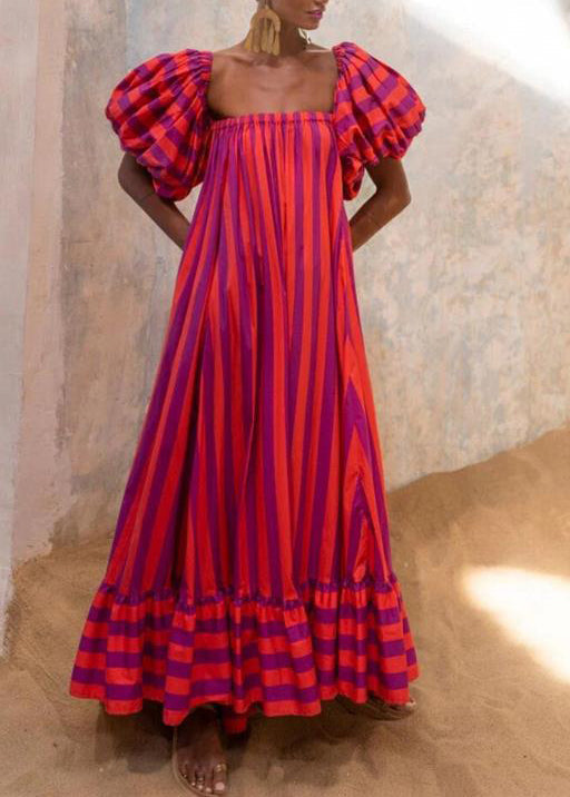 French Red Strapless Striped Cotton Dress Puff Sleeve