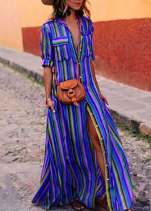 French Red Striped Button Cotton Shirts Dresses Summer