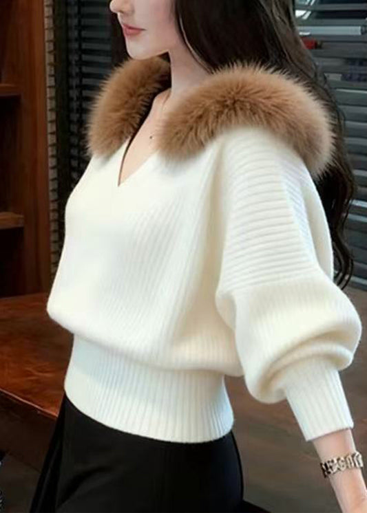 French Red V Neck Fur Collar Warm Knit Shirts Winter