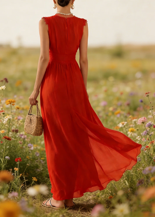 French Red V Neck Lace Patchwork Cotton Maxi Dress Summer