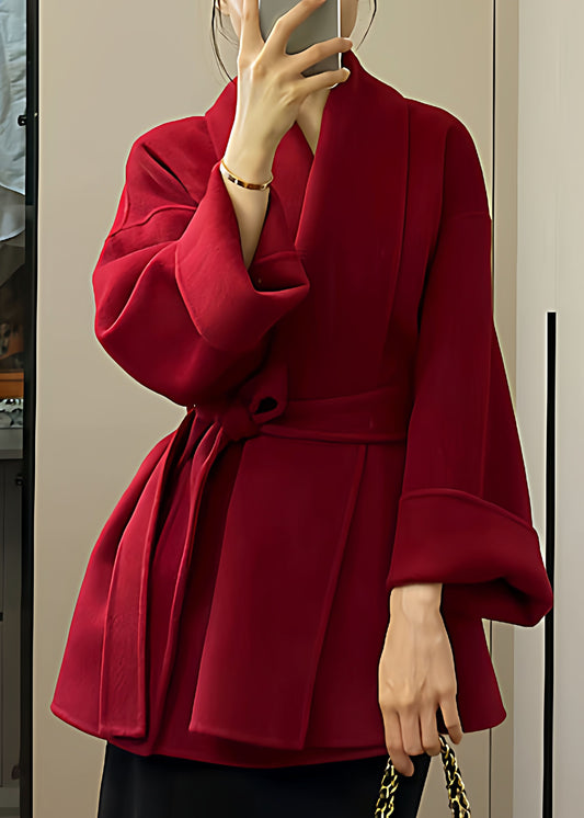 French Red V Neck Pockets Solid Woolen Coats Fall