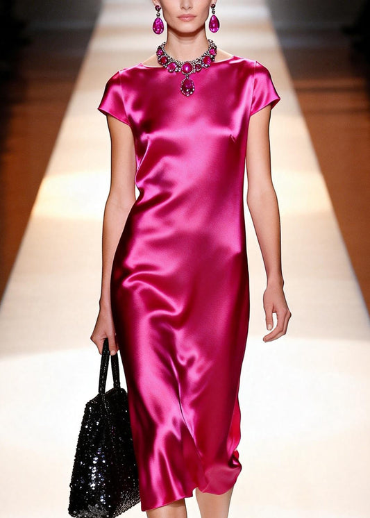 French Rose O Neck Draping Silk Long Dress Summer