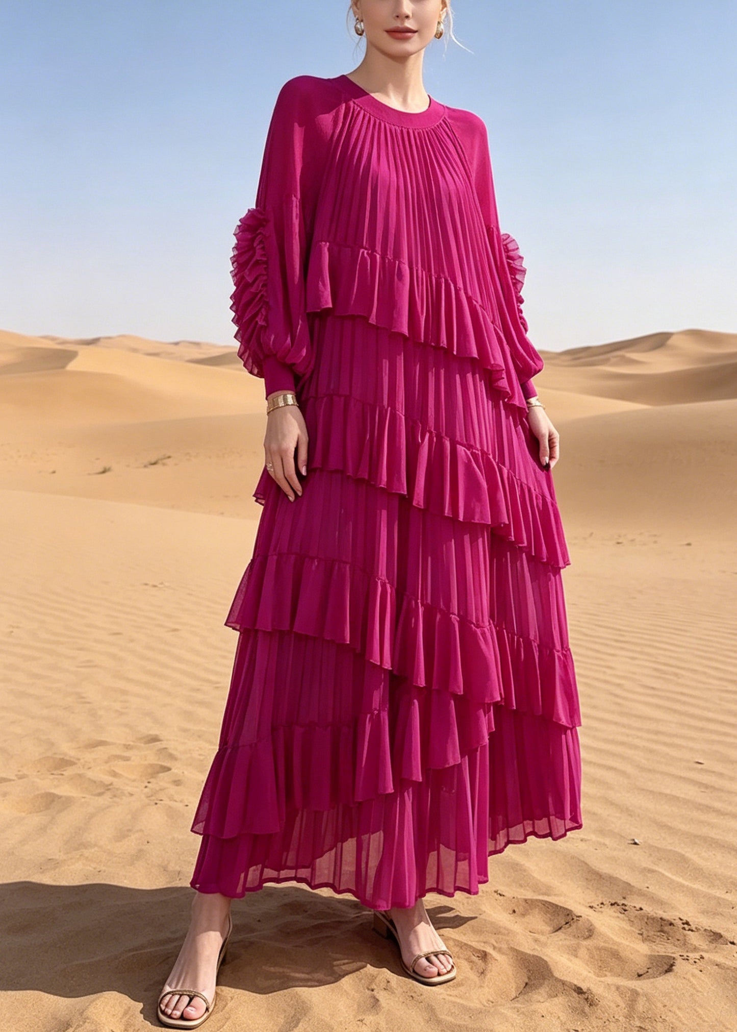French Rose Oversized Ruffles Chiffon Maxi Dresses Summer