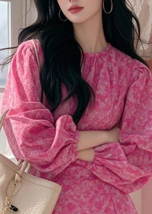 French Rose Ruffled Asymmetrical Design Print Chiffon Dress Fall