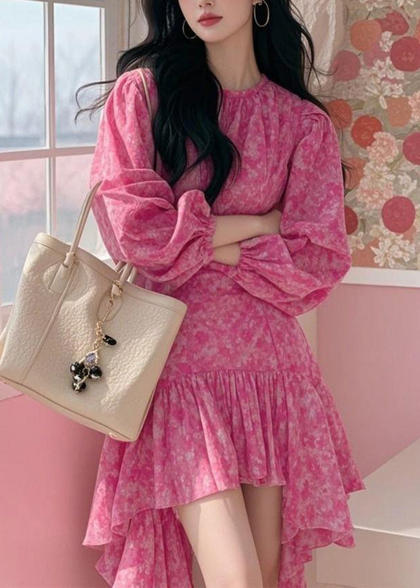 French Rose Ruffled Asymmetrical Design Print Chiffon Dress Fall