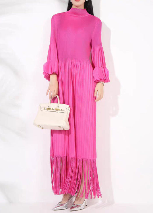 French Rose Turtleneck Wrinkled Tasseled Cotton Long DressesFall