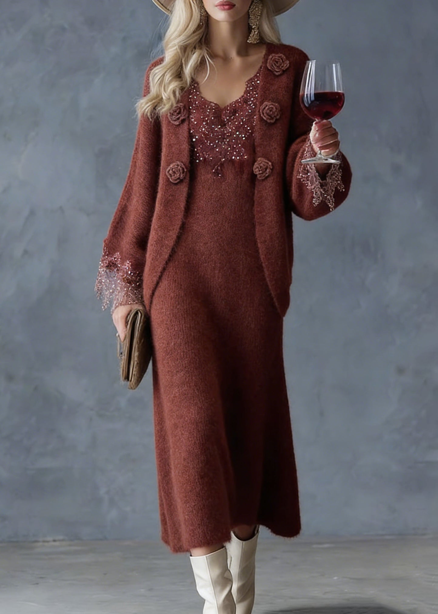 French Rust Lace Patchwork Cotton Knit Cardigans And Maxi Skirts Two Piece Set Spring