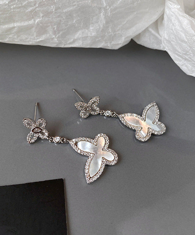 French Silver Zircon White Shell Butterfly Earrings
