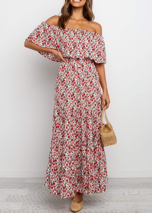 French Slash Neck Print Cotton Maxi Dresses Summer