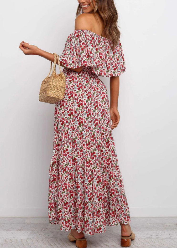 French Slash Neck Print Cotton Maxi Dresses Summer