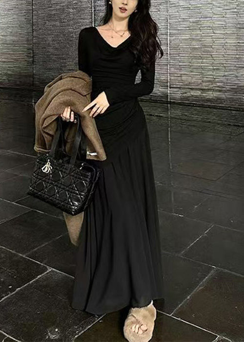 French Smoke Pink Patchwork Slim Fit Long Dresses Spring