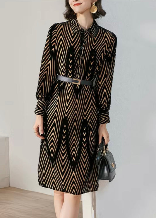 French Striped Peter Pan Collar Button Silk Velour Shirts Dress Fall