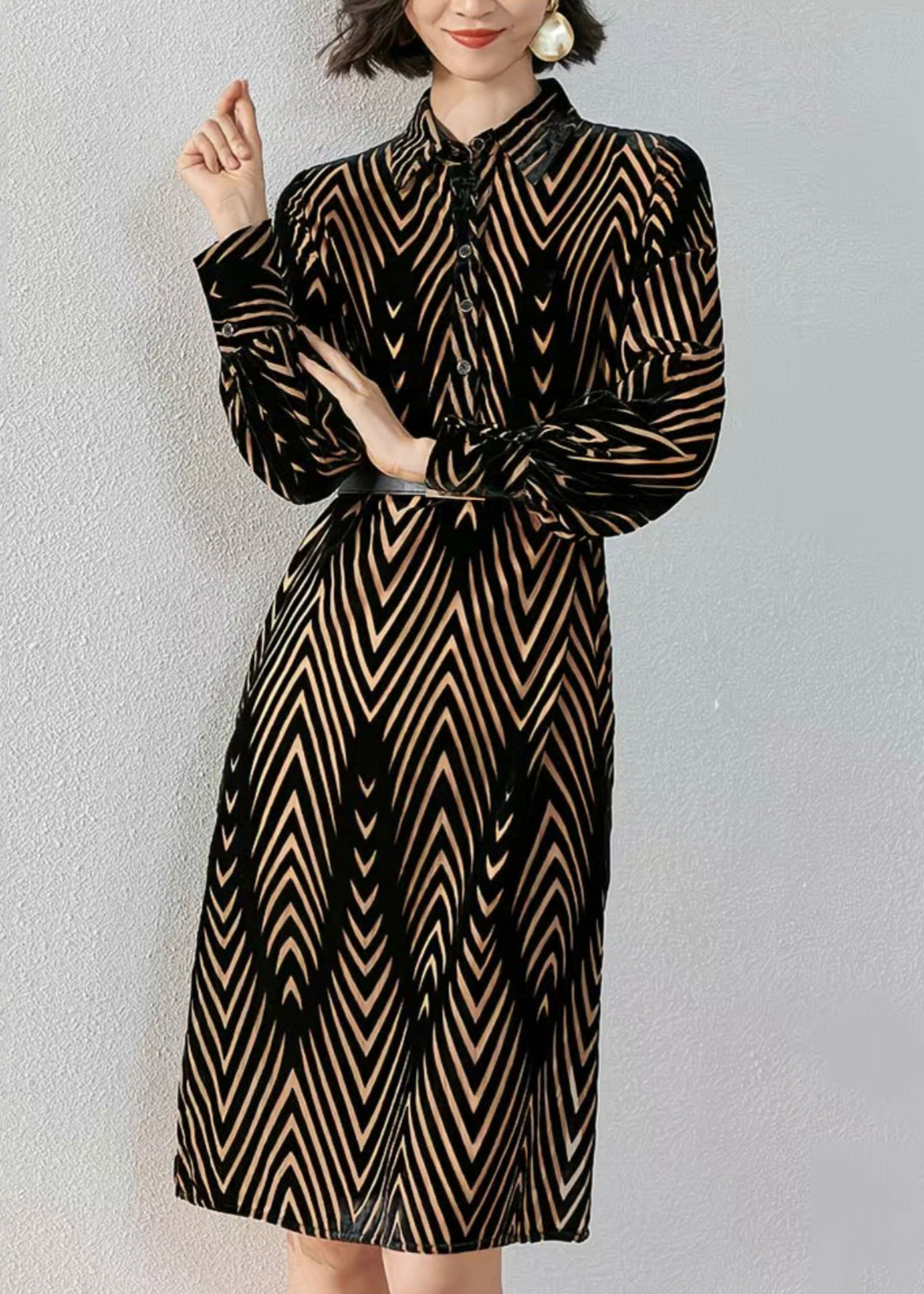 French Striped Peter Pan Collar Button Silk Velour Shirts Dress Fall