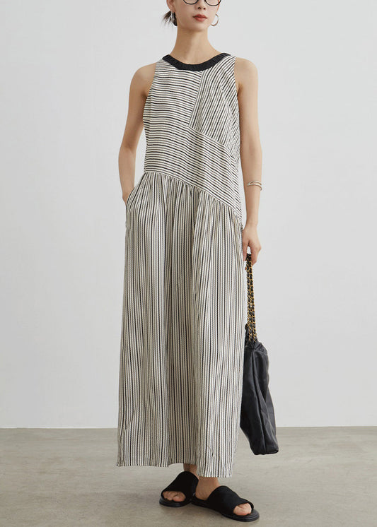 French Striped Pockets Patchwork Cotton Long Dresses Sleeveless
