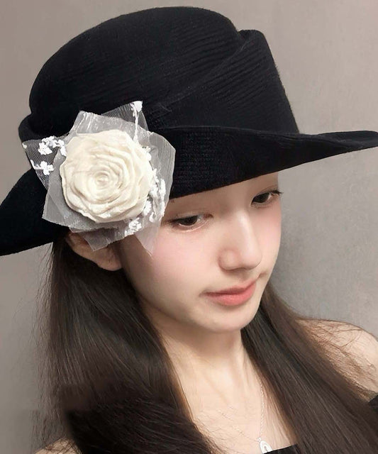 French Style Black Floral Versatile Knit Cloche Hat