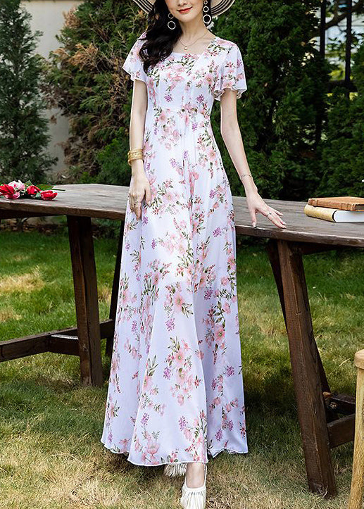 French Style Pink Square Collar Print Chiffon Dresses Summer