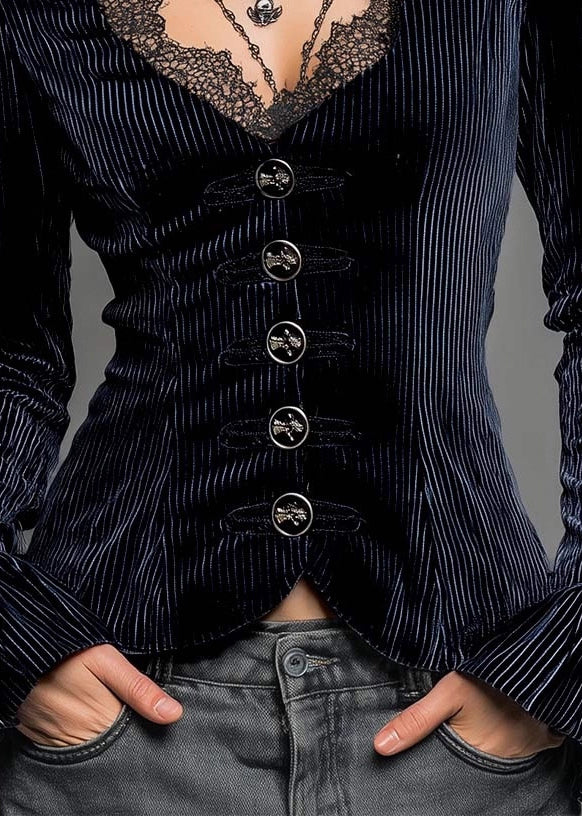 French Stylish Blue Lace Patchwork Shirts Top Fall