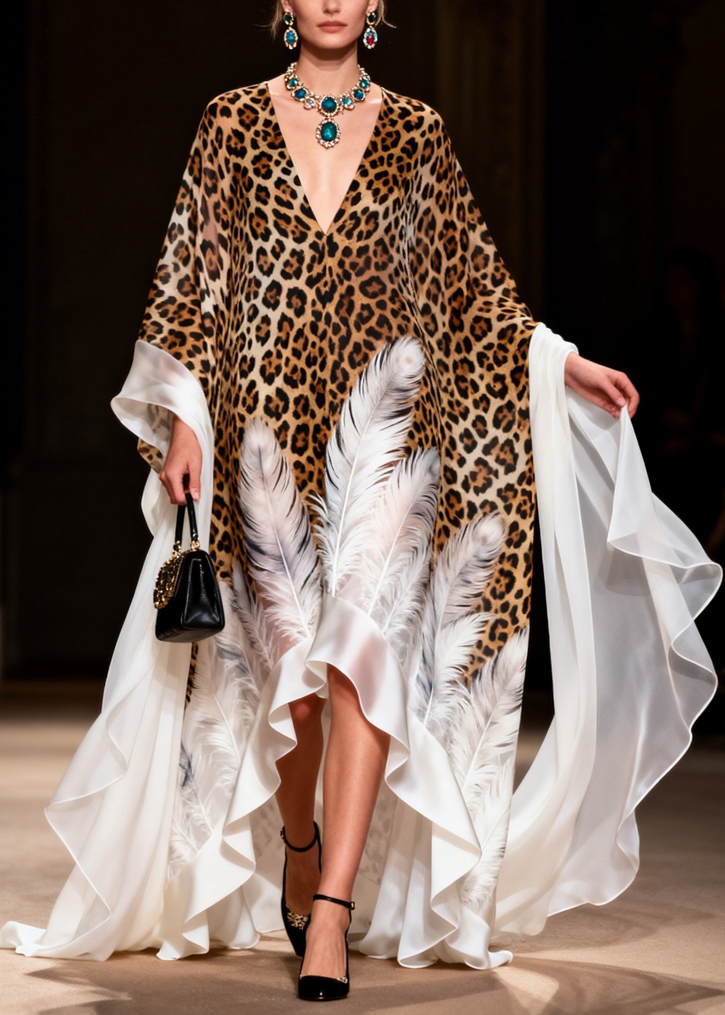 French V Neck Asymmetrical Design Print Chiffon Dress Summer