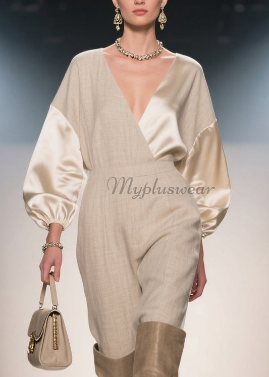 French V Neck Patchwork Linen Silk Jumpsuits Spring