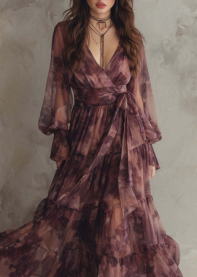 French V Neck Print Patchwork Chiffon Ankle Dress Summer