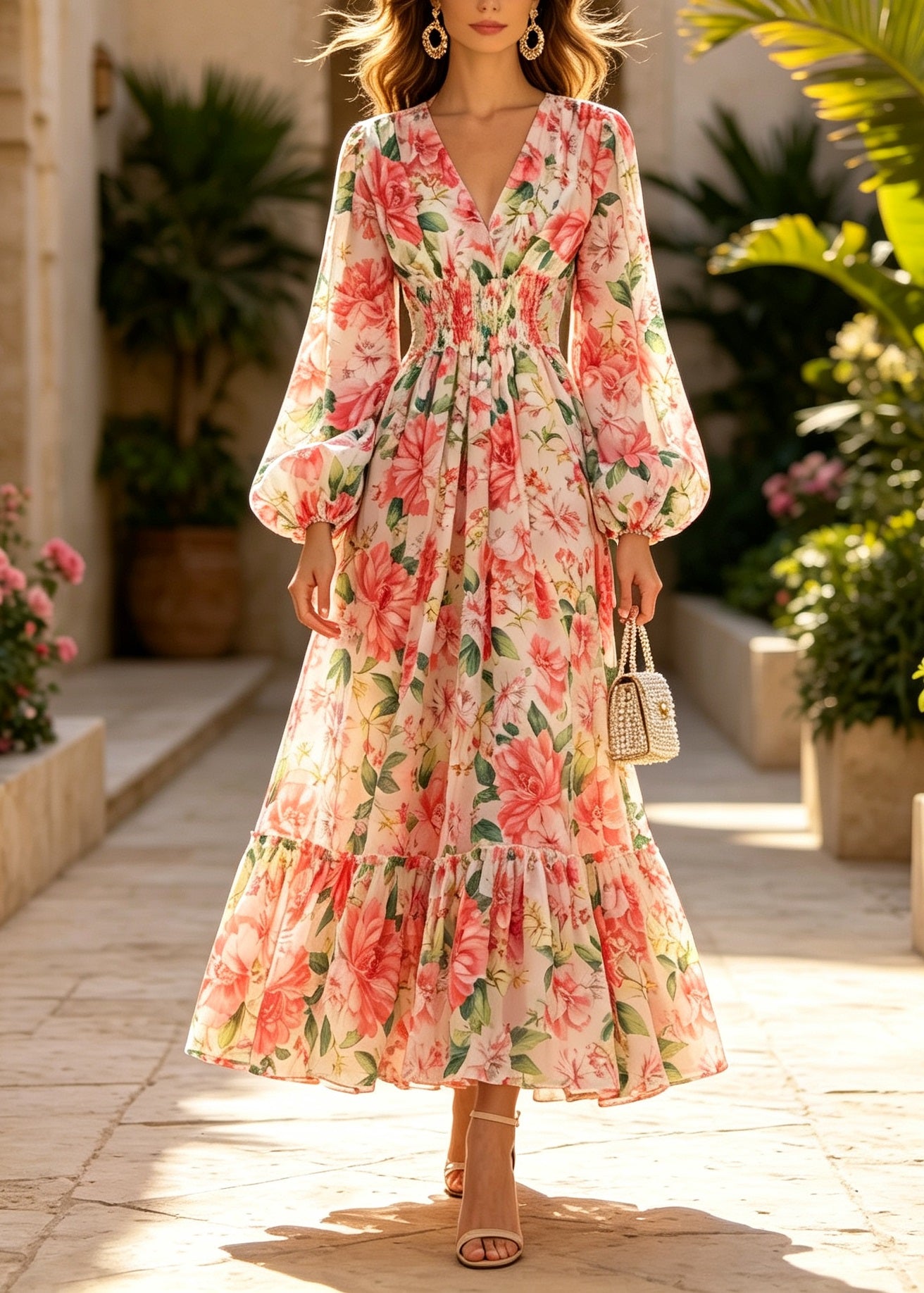 French V Neck Print Patchwork Chiffon Dress Lantern Sleeve