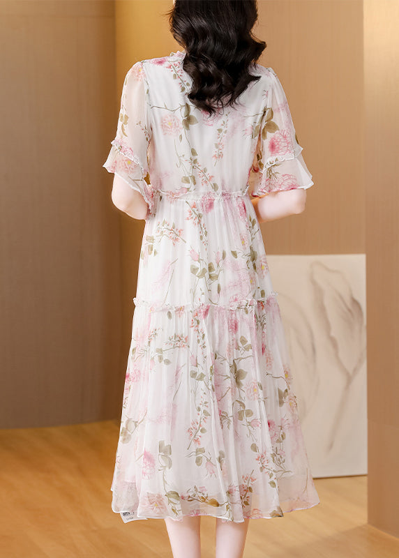 French V Neck Ruffled Print Lace Up Silk Dress Summer